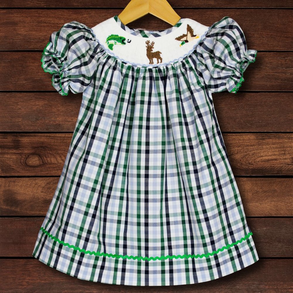 Smocked Wildlife Fish Deer Duck Hunting Dress